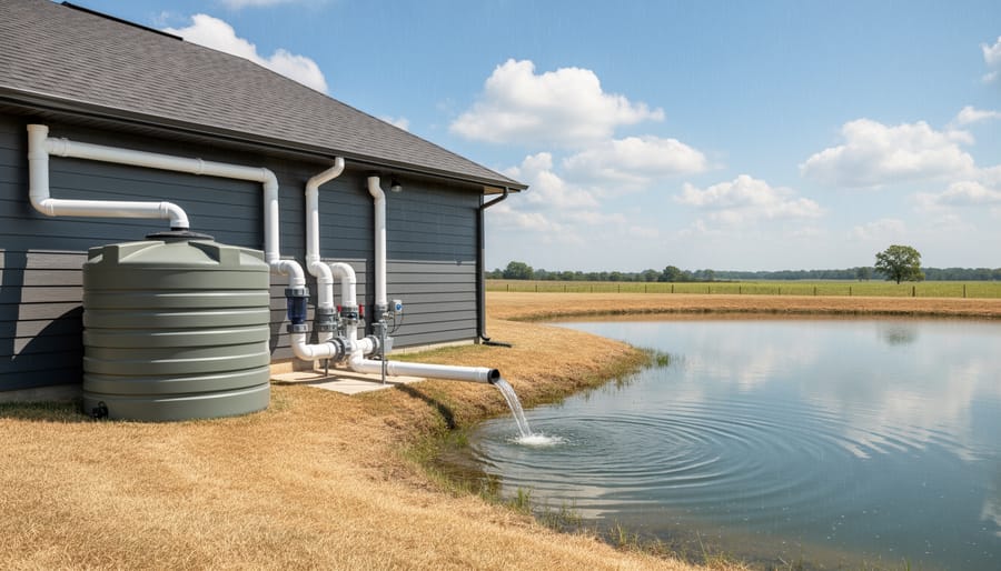 Rain barrels connected to home downspout for collecting water near backyard pond