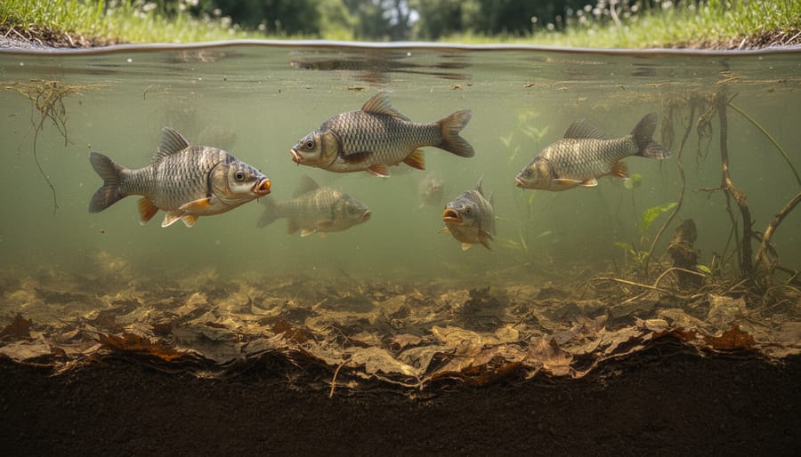 Fish near oxygen-depleted sediment layer in murky pond water