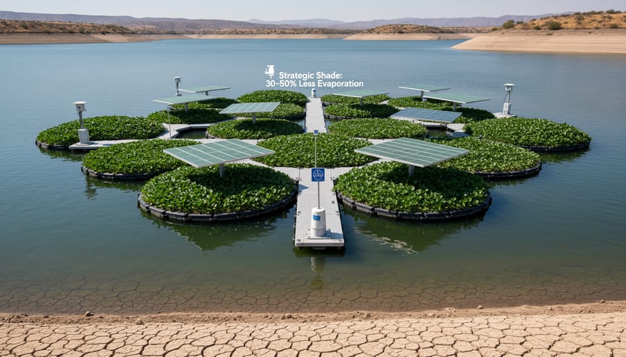 Pond with water lilies and shade structures reducing evaporation in residential garden
