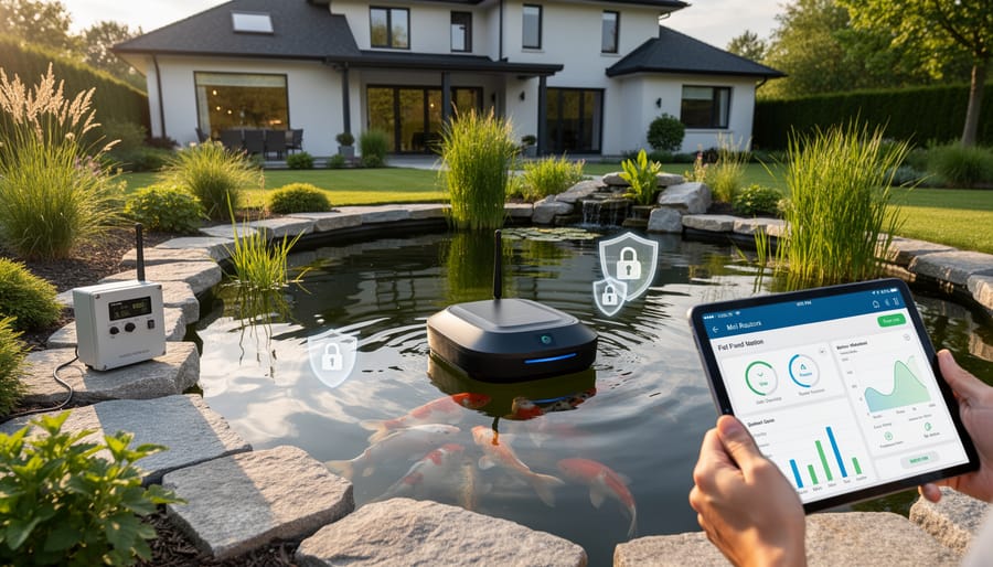 Smart pond equipment including automatic feeder and water quality sensor installed on koi pond