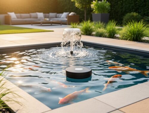 Modern backyard koi pond with a gentle fountain and a small floating smart water sensor at golden hour, with blurred patio seating and garden plants in the background.