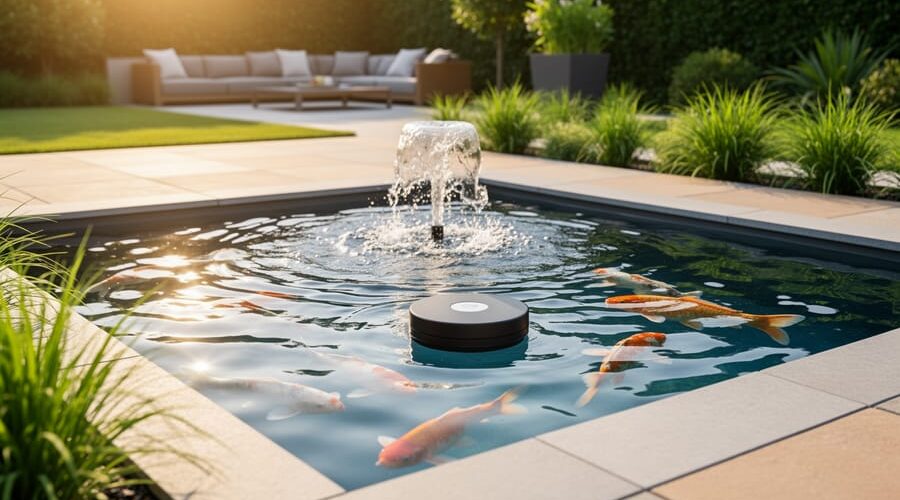 Modern backyard koi pond with a gentle fountain and a small floating smart water sensor at golden hour, with blurred patio seating and garden plants in the background.