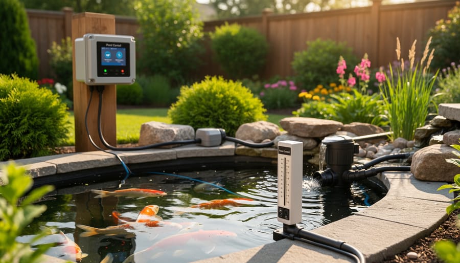 Smart water level sensor and controller device installed on pond edge