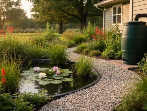 Backyard water garden with a small pond featuring floating lilies, rush grasses, and cardinal flowers, a gravel swale directing overflow to a rain garden, and a rain barrel attached to a house downspout at golden hour.