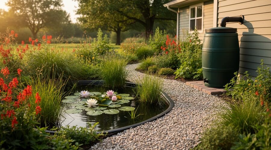 Backyard water garden with a small pond featuring floating lilies, rush grasses, and cardinal flowers, a gravel swale directing overflow to a rain garden, and a rain barrel attached to a house downspout at golden hour.