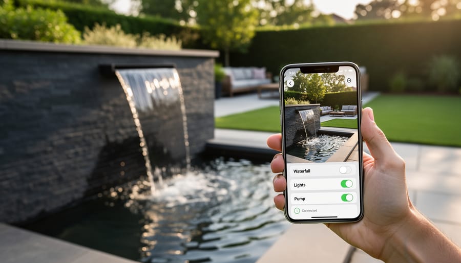 Person using smartphone to monitor and control water feature system remotely