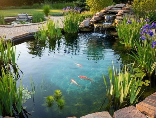 Clear backyard pond with water iris, rushes, and pickerelweed at the edges, visible submerged hornwort, and small goldfish in clean water, with a gravel bog filter and stone edging in the softly blurred background at golden hour.
