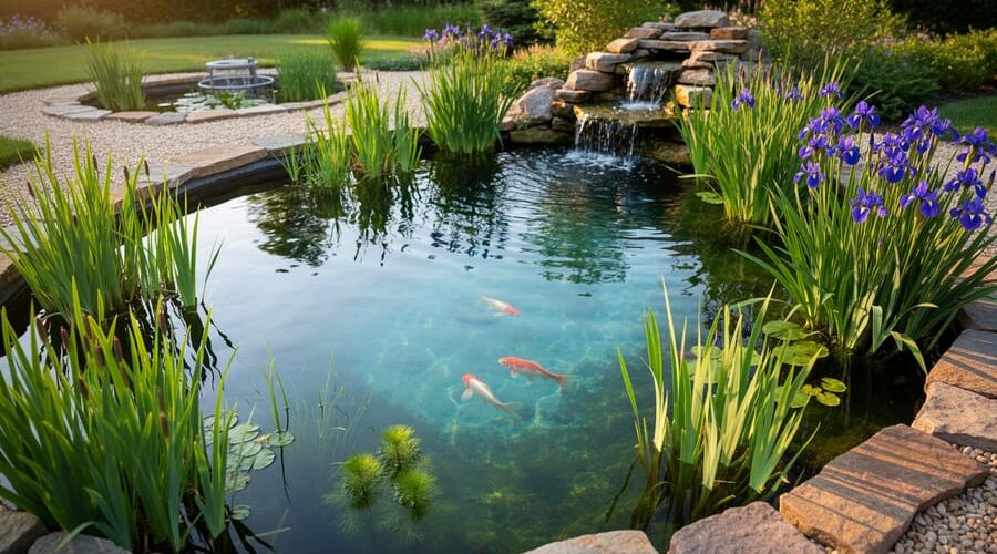 Clear backyard pond with water iris, rushes, and pickerelweed at the edges, visible submerged hornwort, and small goldfish in clean water, with a gravel bog filter and stone edging in the softly blurred background at golden hour.