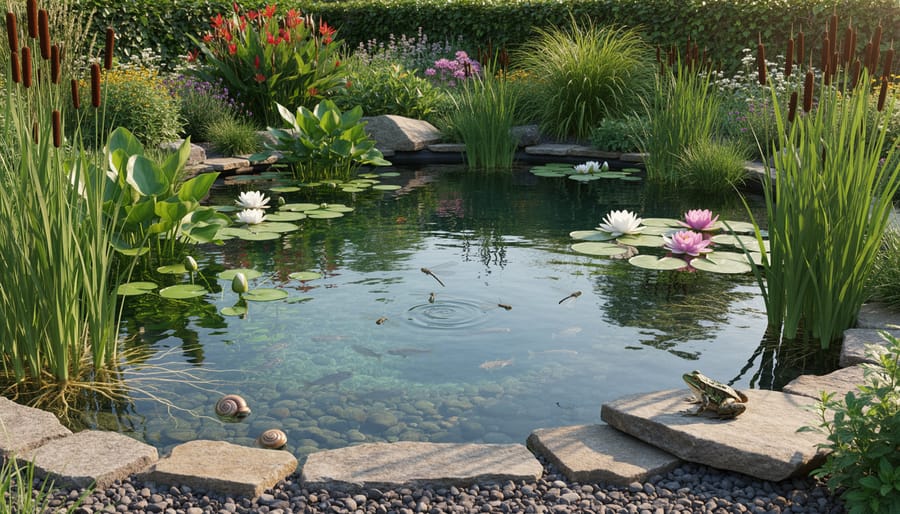 Clear pond with healthy aquatic plants including water lilies and cattails creating natural filtration