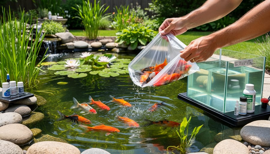 Gloved hands using net to transfer fish from quarantine container