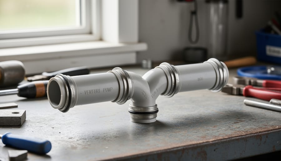 Clear PVC venturi pump assembly with visible water flow in garden setting