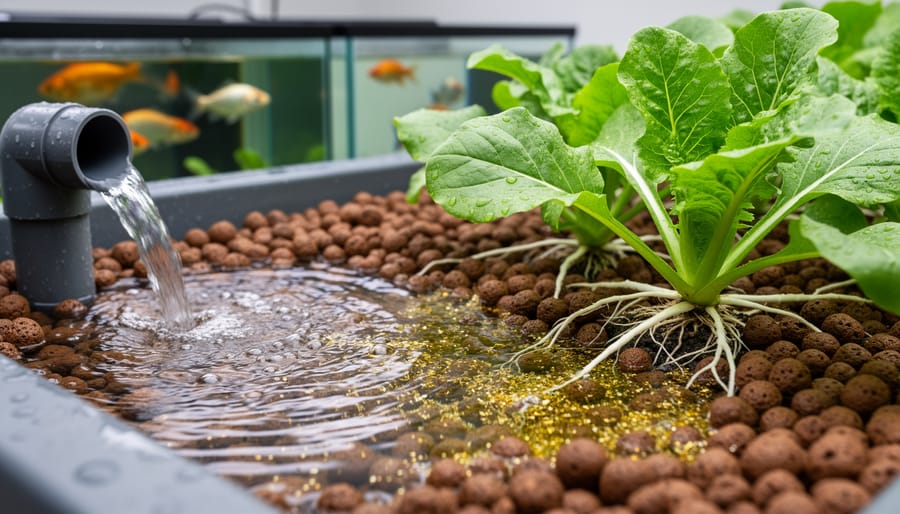 Close-up of water flowing into aquaponics grow bed with clay pebbles and plants