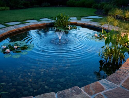 Twilight view of a backyard pond with stone edges, arranged river rocks, water lilies, and a small fountain creating ripples on reflective water, lit by warm garden lights with a soft background of lawn and stepping stones.