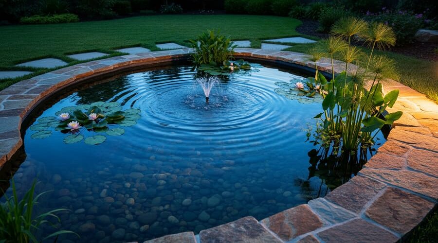 Twilight view of a backyard pond with stone edges, arranged river rocks, water lilies, and a small fountain creating ripples on reflective water, lit by warm garden lights with a soft background of lawn and stepping stones.