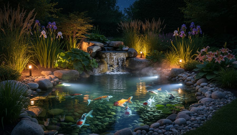 Illuminated water garden at dusk with underwater lights and fountain