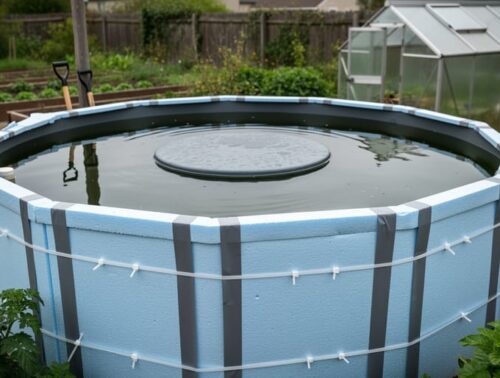 Above-ground water garden tank being insulated with closed-cell foam boards, secured by cable ties and waterproof tape, with a circular floating cover on the water; blurred backyard beds and a small greenhouse behind under overcast light.