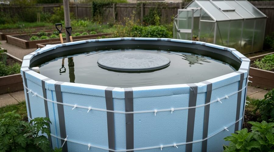 Above-ground water garden tank being insulated with closed-cell foam boards, secured by cable ties and waterproof tape, with a circular floating cover on the water; blurred backyard beds and a small greenhouse behind under overcast light.