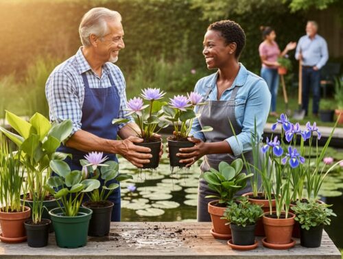 Group of water gardeners exchanging potted aquatic plants beside a small pond, with water lilies and marginal plants on a table, golden-hour light, and a softly blurred garden in the background