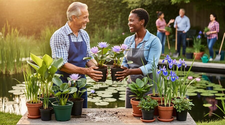 Group of water gardeners exchanging potted aquatic plants beside a small pond, with water lilies and marginal plants on a table, golden-hour light, and a softly blurred garden in the background