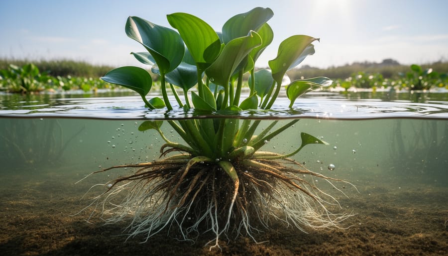 Water hyacinth plant showing dense root system below water surface that absorbs nutrients