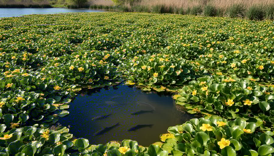 Yellow water primrose flowers and dense vegetation covering pond surface