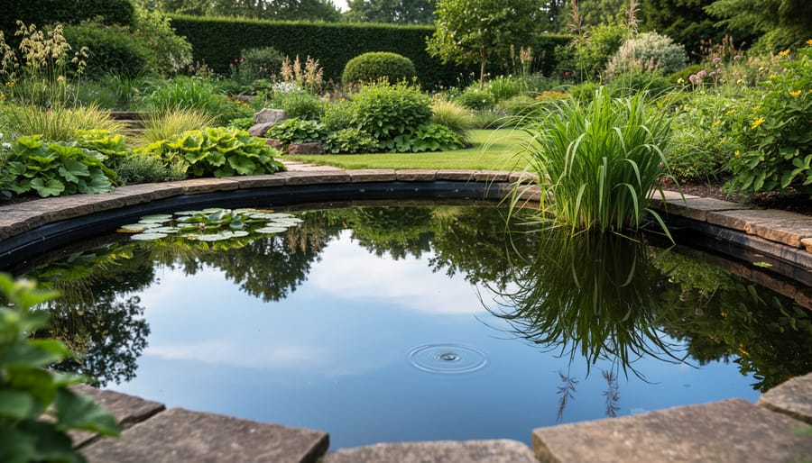 Overhead view of pond surface reflecting sky and trees with water lilies