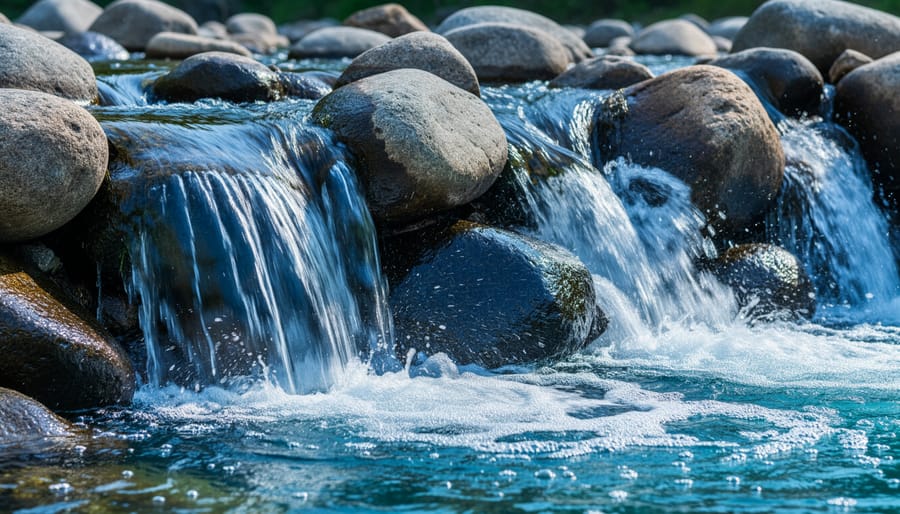 Close-up of cascading waterfall flowing over moss-covered stones in garden pond