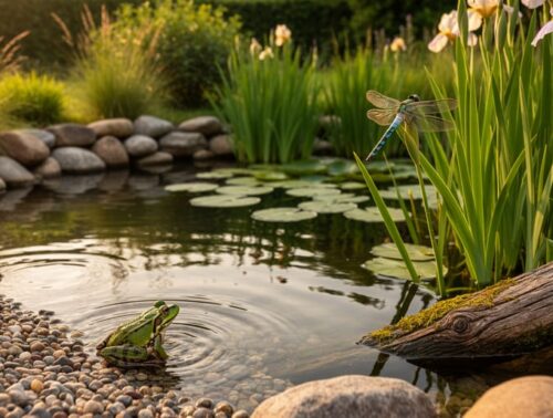 Eye-level photo of a backyard wildlife pond with a shallow pebble beach, frog at the edge, rushes and irises, lily pads, a dragonfly on a reed, layered rocks and a sunlit log, and native grasses and low shrubs in the softly blurred background under golden-hour light.