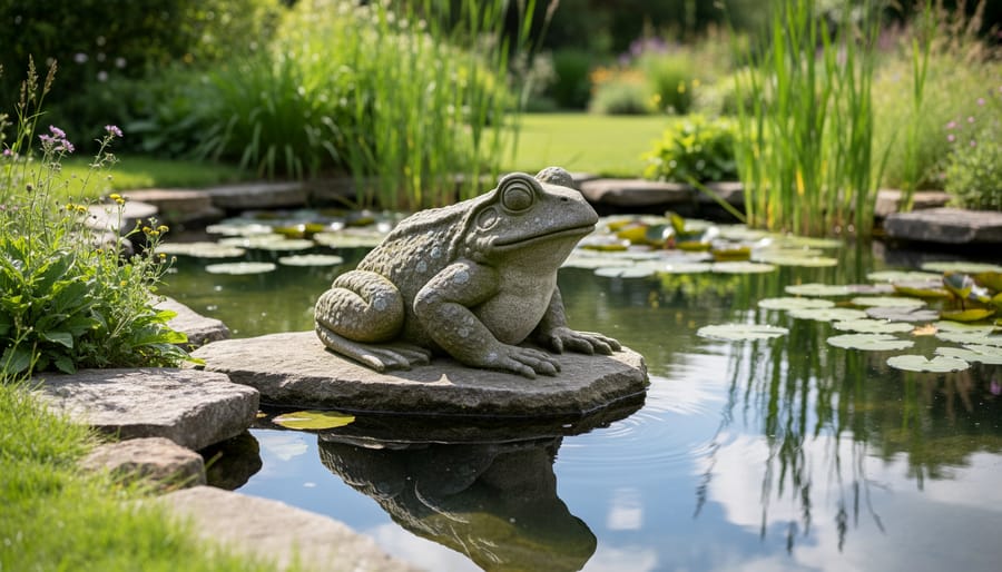 Weathered stone frog sculpture partially submerged in pond water with lily pads