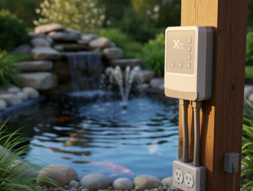 Irrigation controller mounted on a post near a backyard koi pond, with weatherproof conduit to outdoor outlets and a running waterfall and small fountain jets in the blurred background at golden hour; no readable text or logos visible on the device.