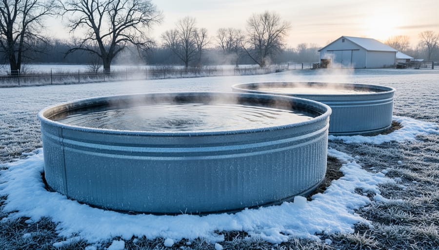 Above-ground stock tank pond in winter garden showing exposed sidewalls