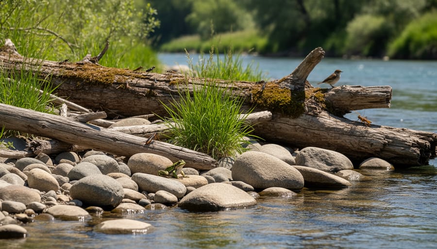Gardener placing driftwood log at pond edge to create wildlife habitat