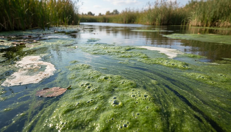 Close-up of green algae bloom covering pond water surface