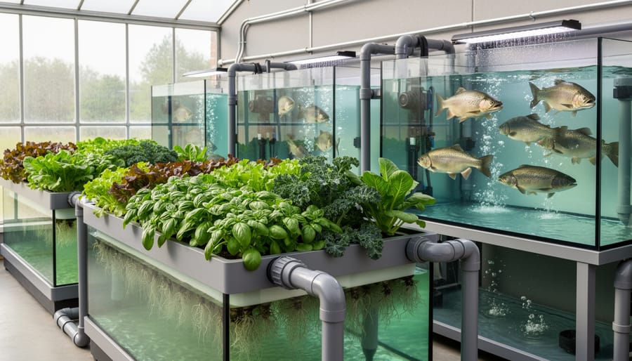 Aquaponic system showing lettuce growing above water with goldfish swimming below