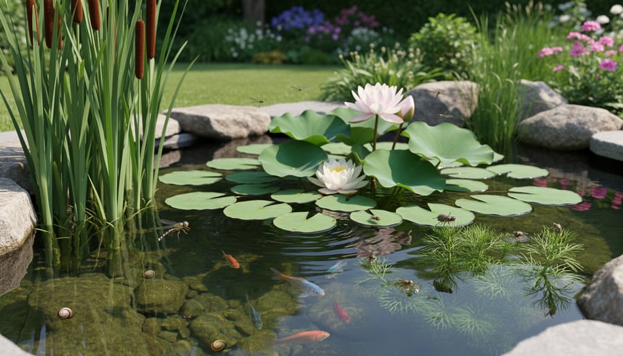 Diverse aquatic plants including water lilies and cattails growing in backyard pond