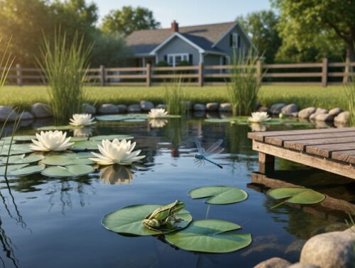 Backyard wildlife pond at golden hour with native lilies and rushes, a small wooden dock, a frog on a lily pad, and a hovering dragonfly, with a modest house and split-rail fence softly visible in the background.