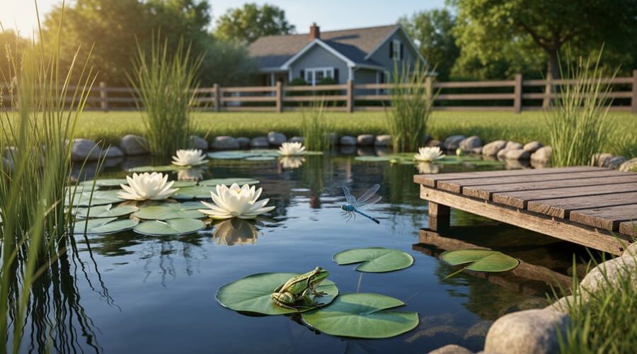Backyard wildlife pond at golden hour with native lilies and rushes, a small wooden dock, a frog on a lily pad, and a hovering dragonfly, with a modest house and split-rail fence softly visible in the background.