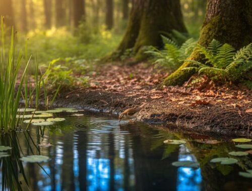 Backyard pond at a forest edge with floating leaves and reeds, warm golden-hour light, and a small songbird drinking at the shore; ferns and mossy trunks blur in the background.