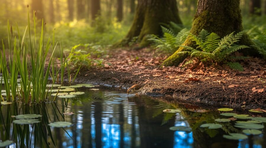 Backyard pond at a forest edge with floating leaves and reeds, warm golden-hour light, and a small songbird drinking at the shore; ferns and mossy trunks blur in the background.
