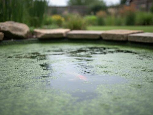 Close-up of a backyard pond covered in thick green algal bloom, with a faint fish silhouette beneath the surface and a blurred garden, reeds, and stone edging in the background under soft overcast light