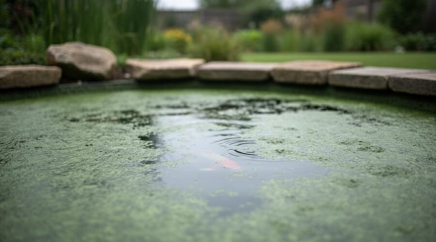 Close-up of a backyard pond covered in thick green algal bloom, with a faint fish silhouette beneath the surface and a blurred garden, reeds, and stone edging in the background under soft overcast light