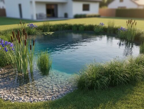 Clear backyard pond surrounded by a wide ring of native grasses and sedges, with a gravel-bed wetland planted with cattails, rushes, and blue flag iris at the inlet, under warm golden-hour light; suburban yard and house softly blurred in the background.