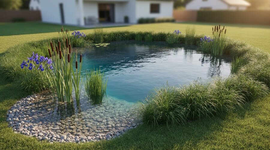 Clear backyard pond surrounded by a wide ring of native grasses and sedges, with a gravel-bed wetland planted with cattails, rushes, and blue flag iris at the inlet, under warm golden-hour light; suburban yard and house softly blurred in the background.