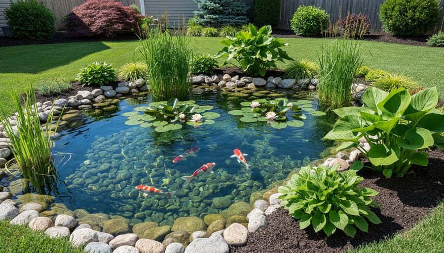 Clear backyard pond with aquatic plants and visible fish showing healthy water quality
