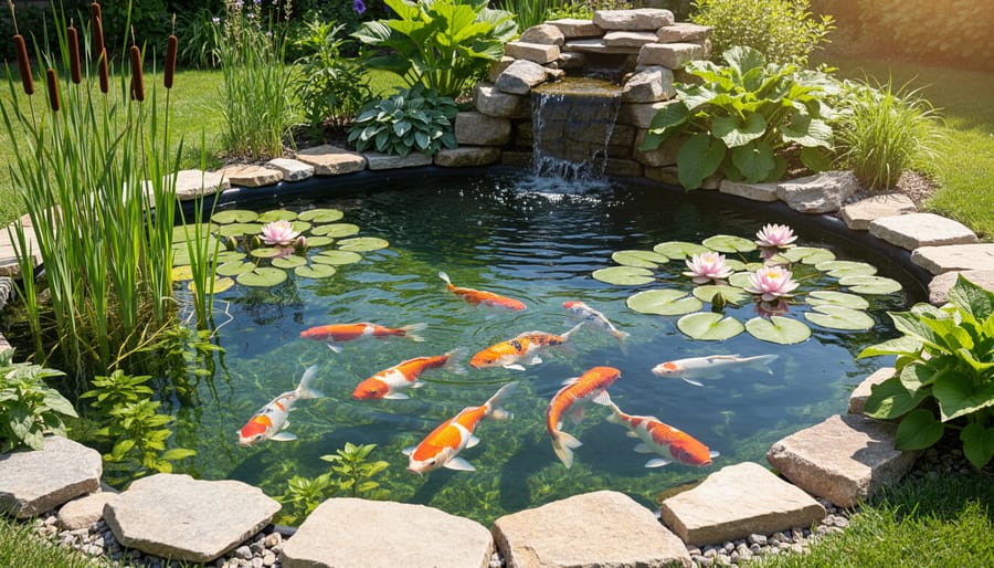 Healthy koi pond with clear water, aquatic plants, and balanced fish population