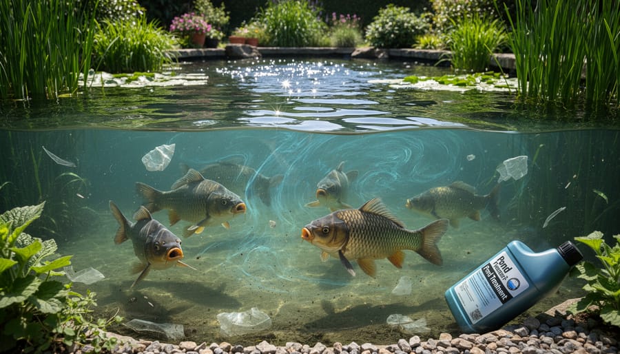 Clear backyard koi pond with fish swimming in seemingly pristine water