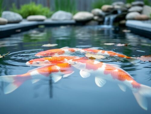 Clear backyard koi pond viewed from slightly above with bright koi near the surface, a faint surface sheen, and a few leaves on the bottom; soft overcast light with garden stones and aquatic plants softly blurred in the background.