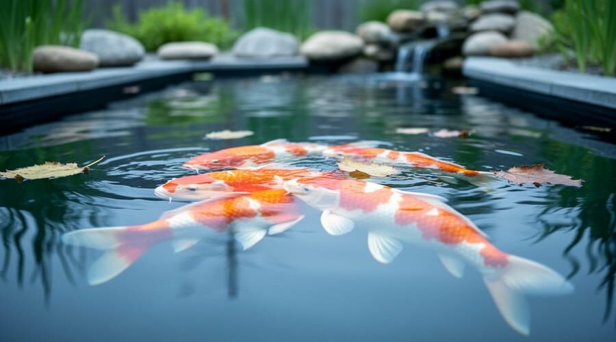 Clear backyard koi pond viewed from slightly above with bright koi near the surface, a faint surface sheen, and a few leaves on the bottom; soft overcast light with garden stones and aquatic plants softly blurred in the background.