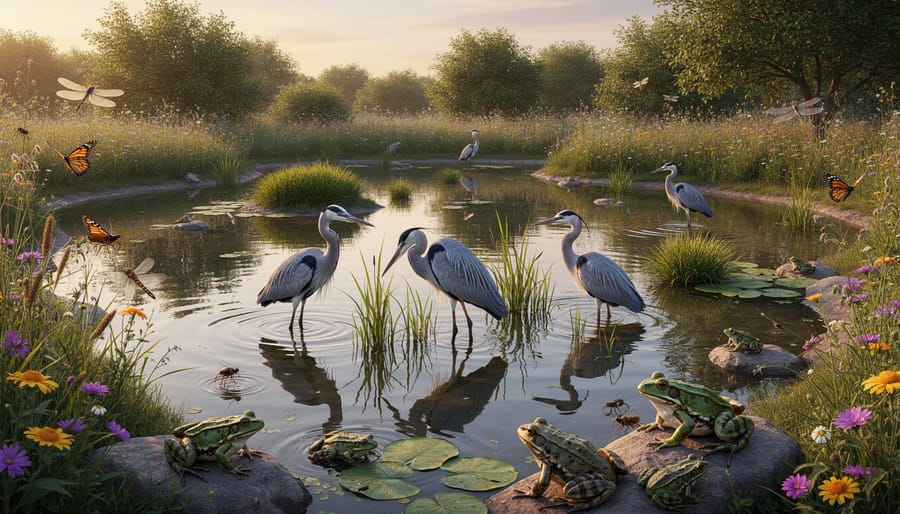 Blue heron standing in backyard pond surrounded by native plants with dragonflies hovering above water