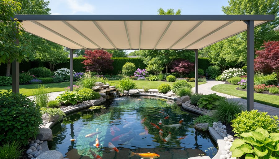 Garden pond with decorative awning providing shade over water with koi fish swimming below